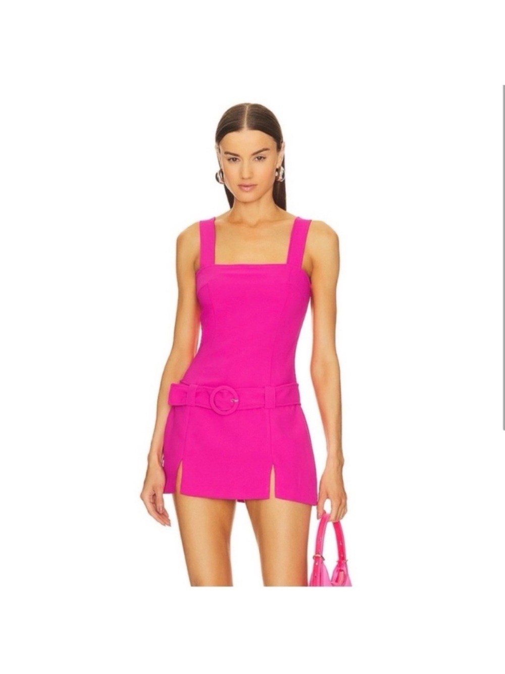 Like new—-Amanda Uprichard Hot Pink Square-Neck Mini Romper with Belt